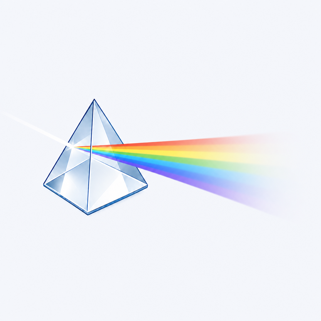 Prism illustration with light spectrum blending into the section background